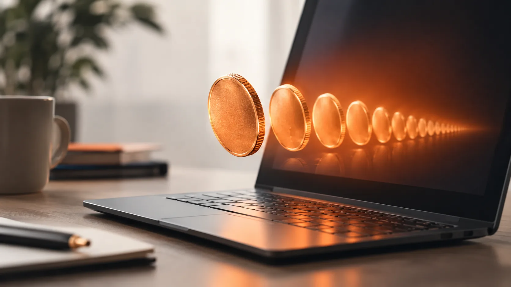 A coin growing across a glowing screen illustrates how info product sales compound into high-margin passive income.