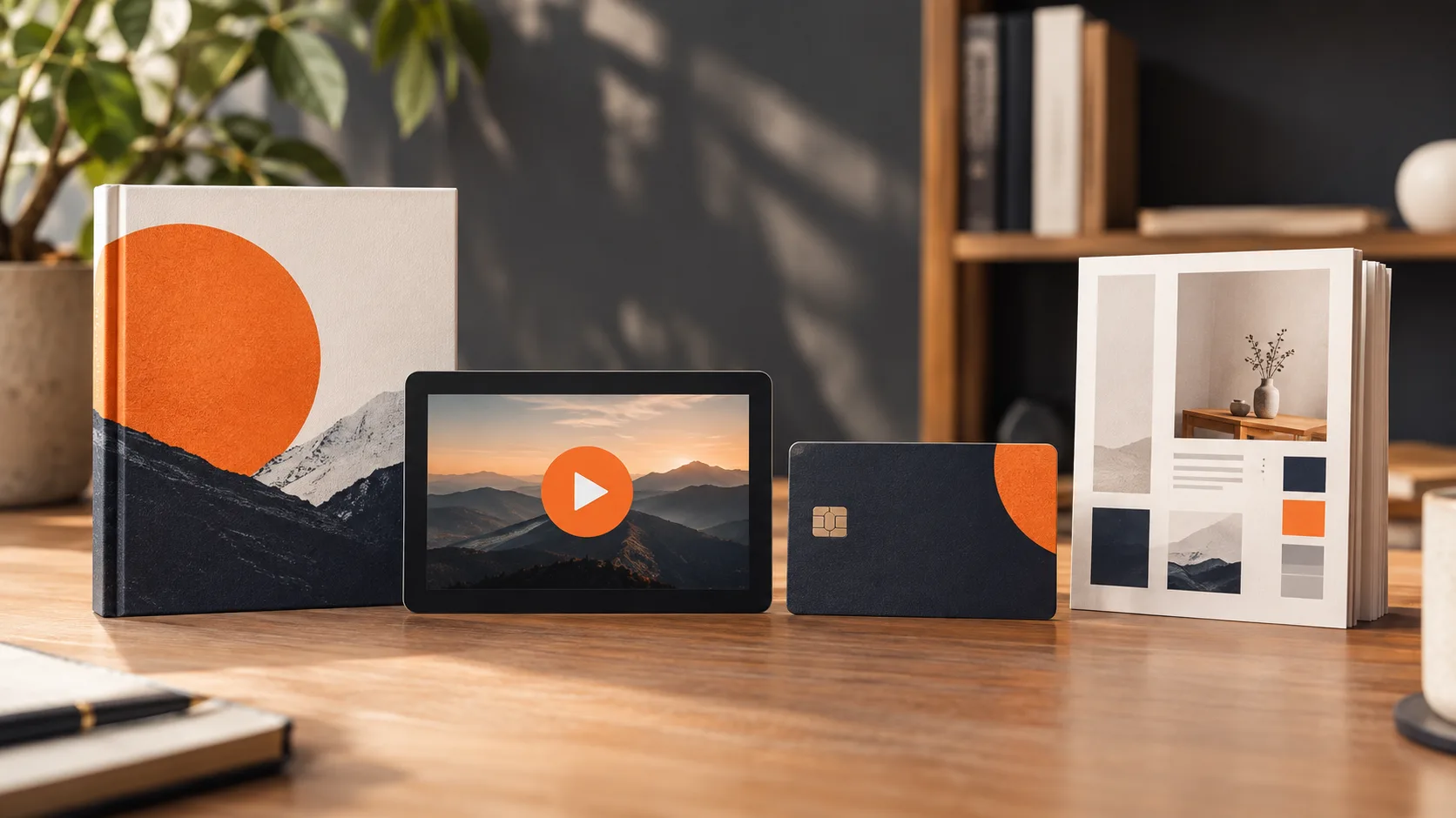Four distinct info product formats, ebook, video course, membership, and template, displayed together on a workspace.