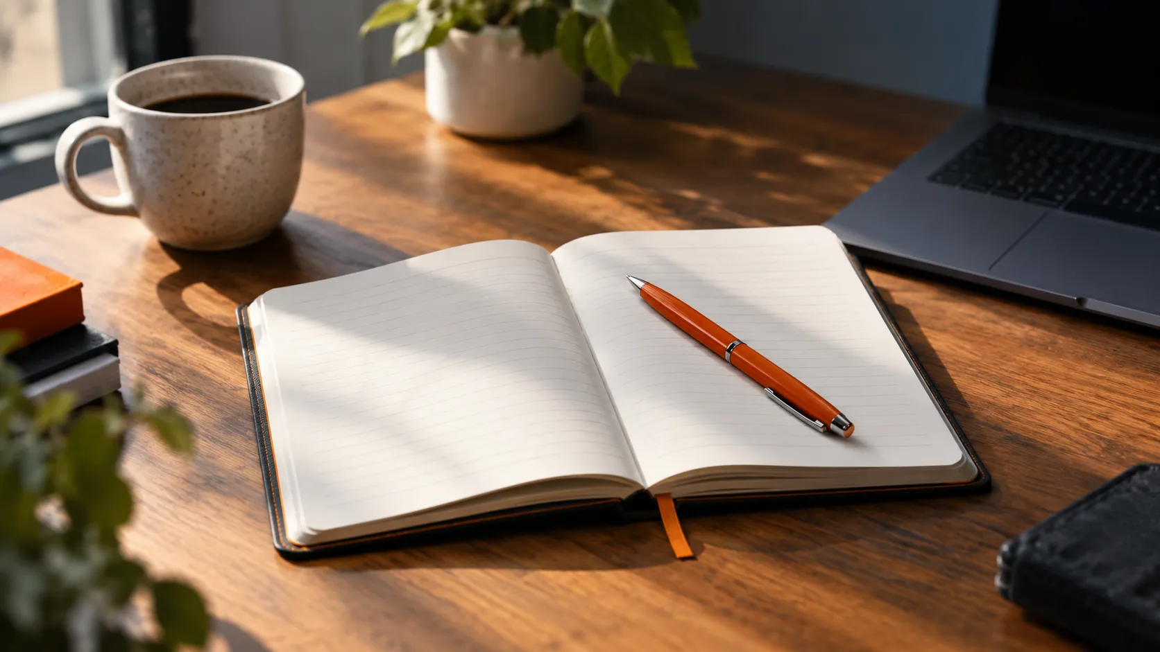 An open notebook on a desk represents the foundational knowledge that becomes an info product.