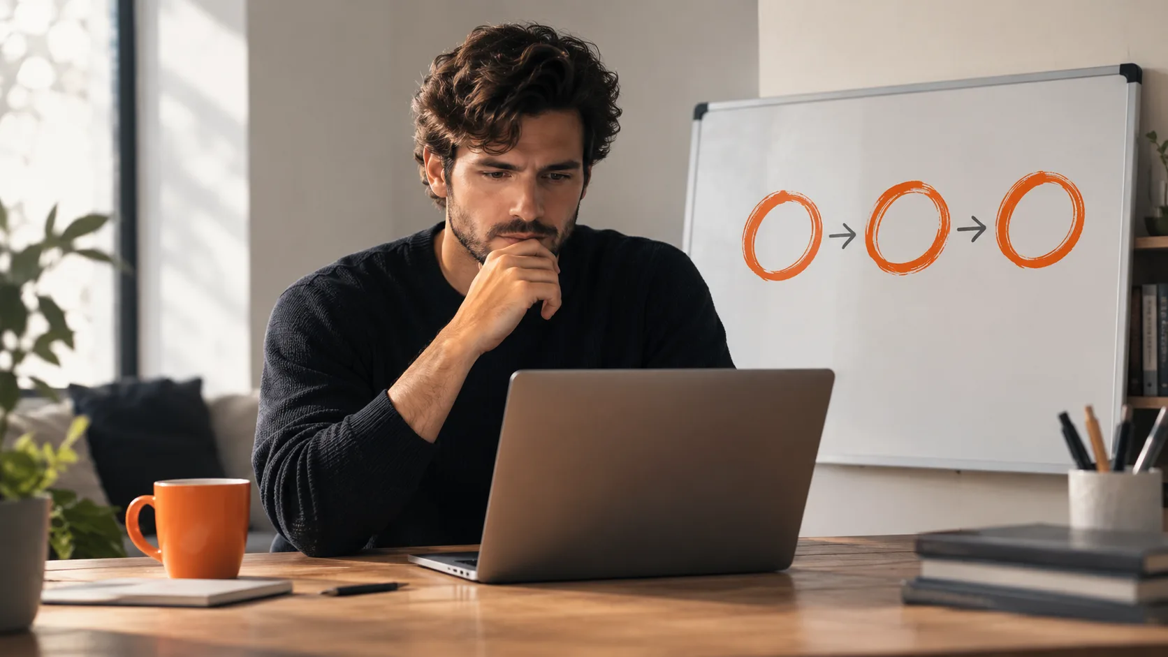 A creator at a laptop with a whiteboard in the background shows the planning phase of launching an info product business.
