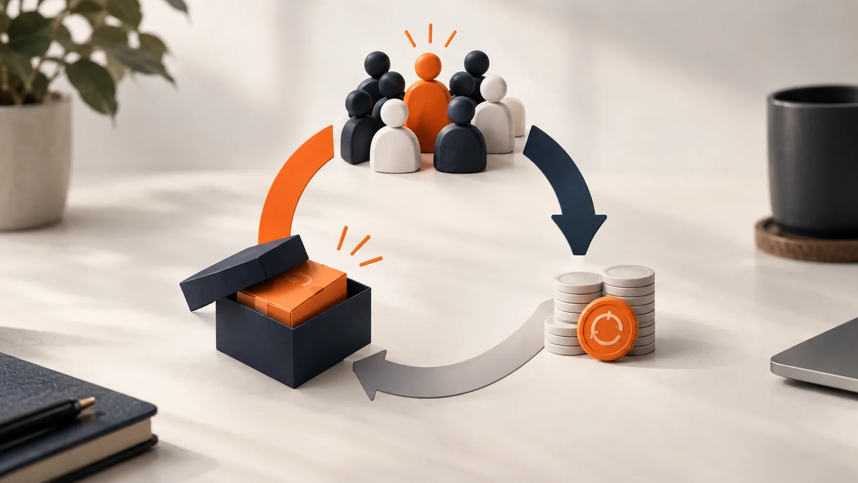 The information product business model loop showing how audience, product, and revenue cycle together.
