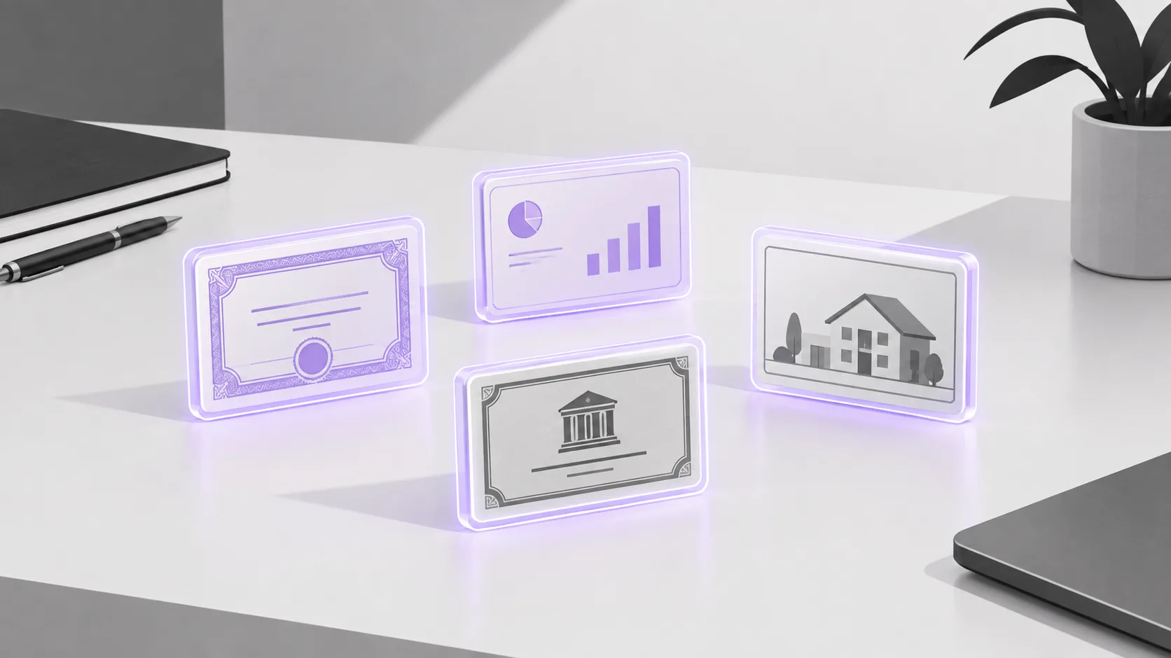 Various tokenized asset classes including bonds, equities, treasuries, and real estate displayed together