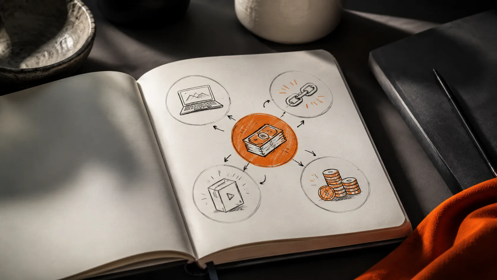 Notebook page with icons and sketches showing different types of passive income streams