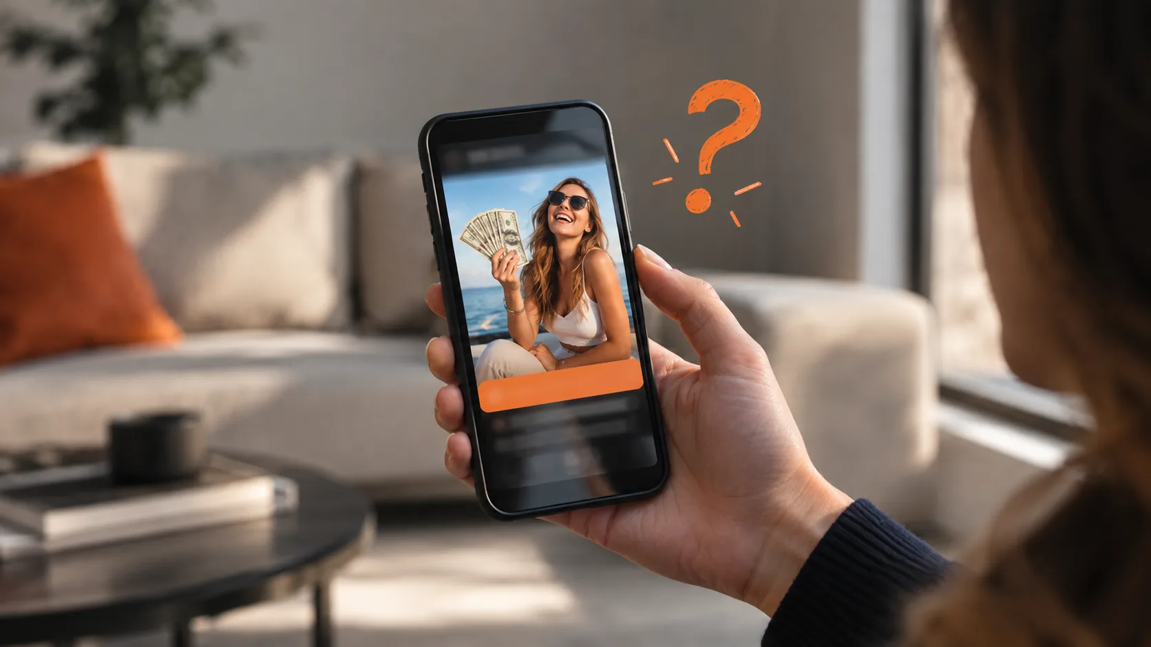 Person examining a passive income advertisement on phone with skepticism