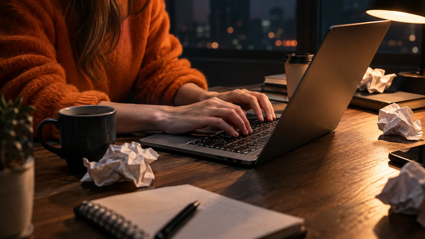 Person working late at night on content creation and passive income setup