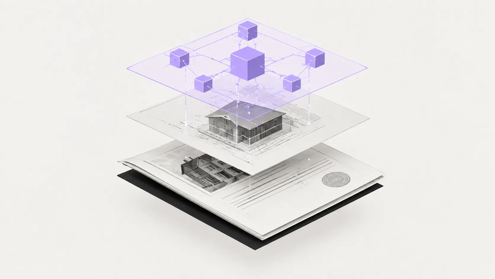 Illustration showing layered architecture of real estate tokenization from title deed through legal wrapper to blockchain