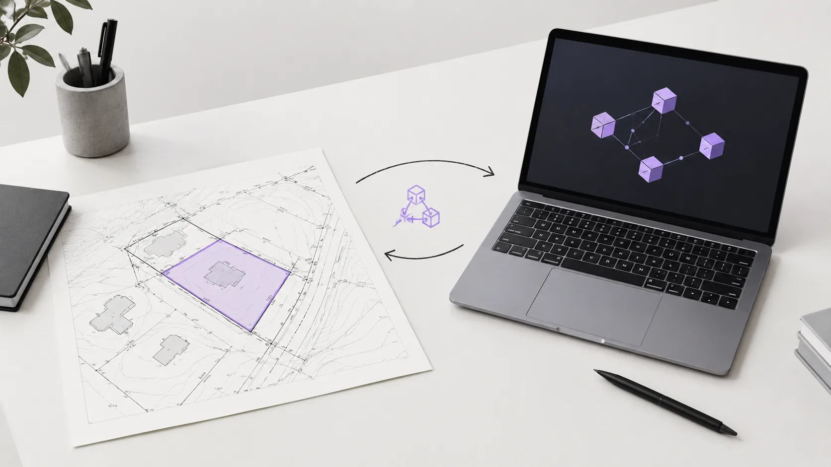 Desk with property documentation and blockchain interface showing off-chain and on-chain coordination of tokenization