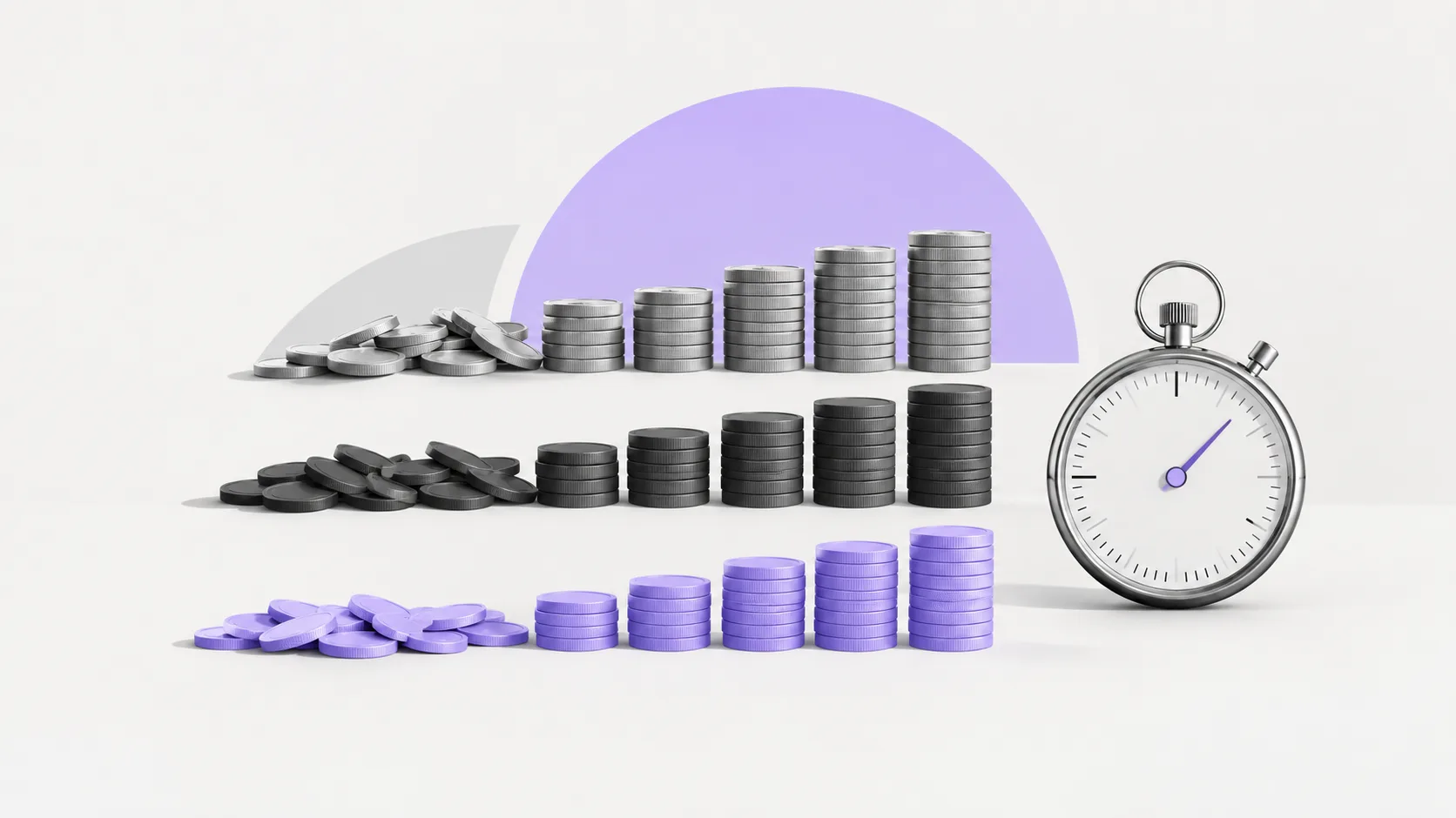 Organized tokens and stopwatch symbolizing liquidity, cost, and efficiency gains of real estate tokenization