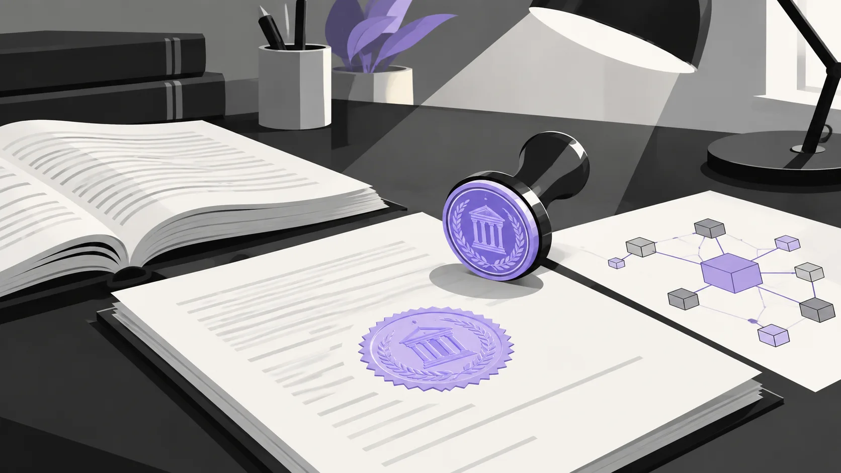 Legal documents and official seal representing design constraints and compliance requirements of tokenized real estate