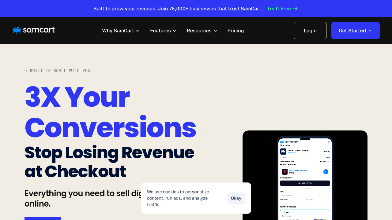 SamCart platform homepage displaying the checkout page builder and core platform features