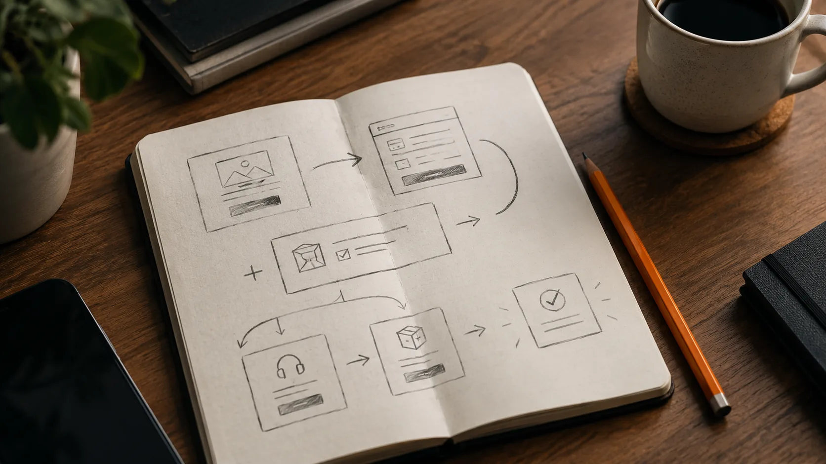Notebook sketches showing order bump and upsell flow concepts for a digital product checkout