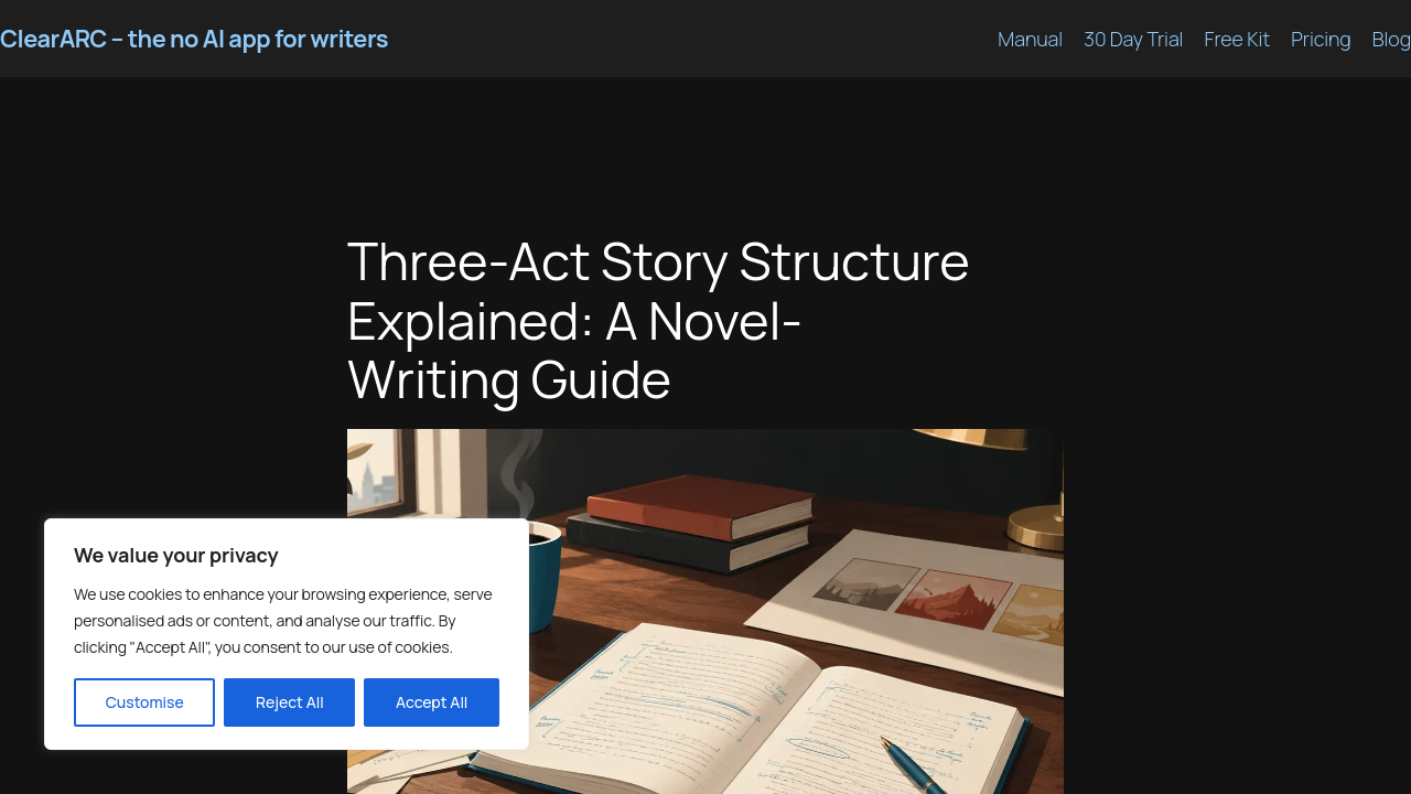 ClearARC article page explaining three-act structure with Setup, Confrontation, and Resolution