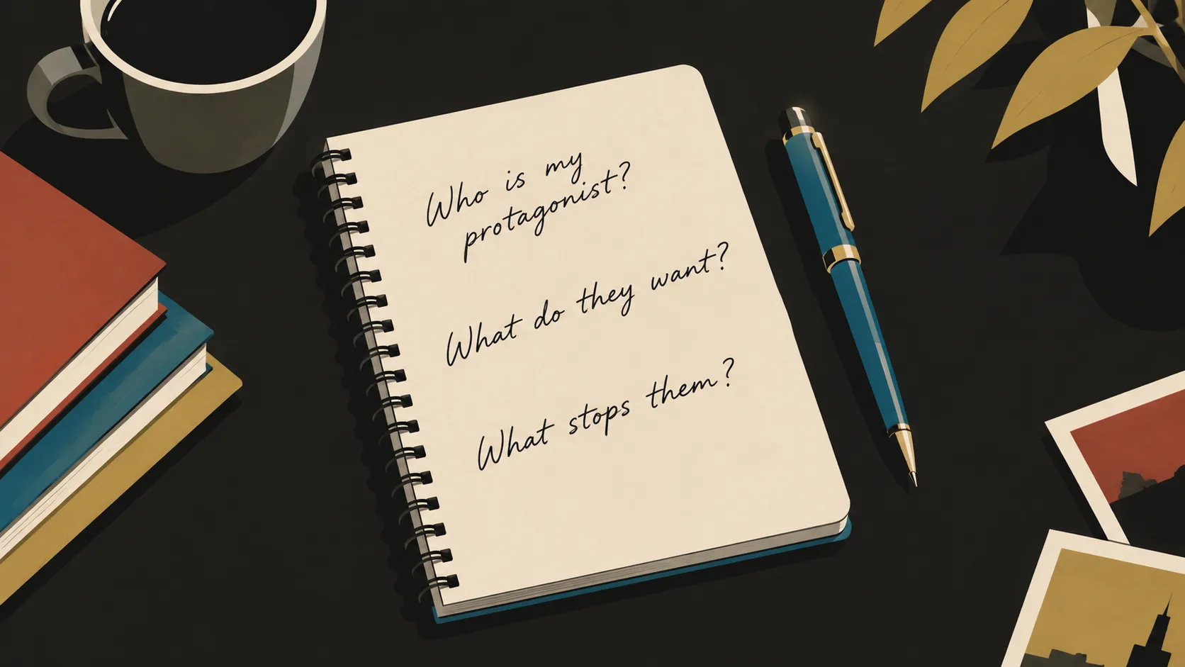 Writer's notebook with three foundational questions about protagonist, desire, and obstacles