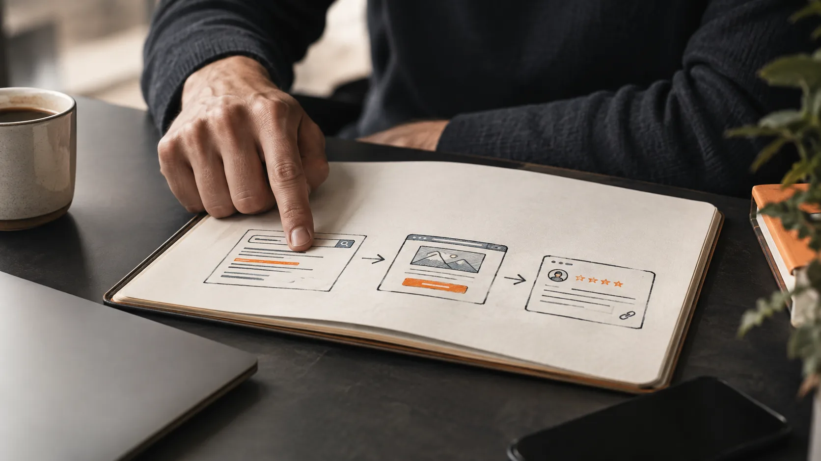 Hand tracing affiliate marketing funnel journey from initial attraction to conversion