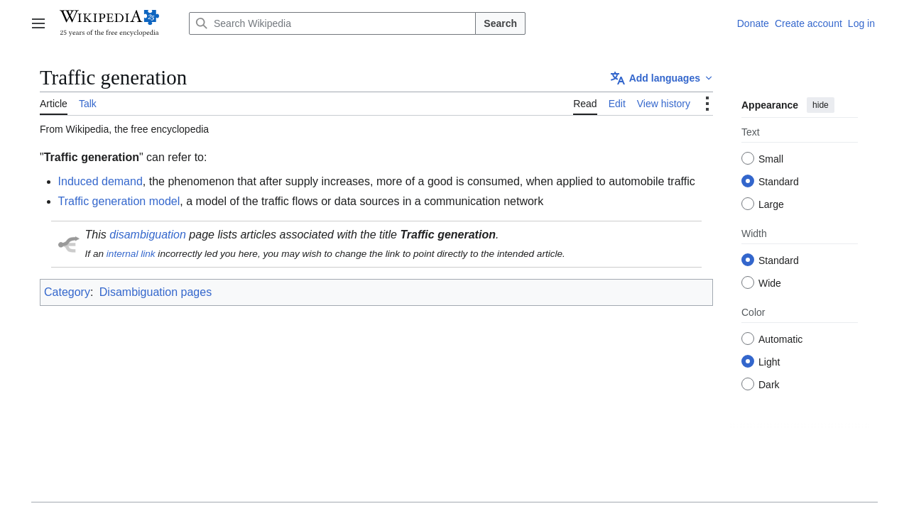 Wikipedia page on traffic generation showing the distinction between network traffic and digital marketing traffic sources.