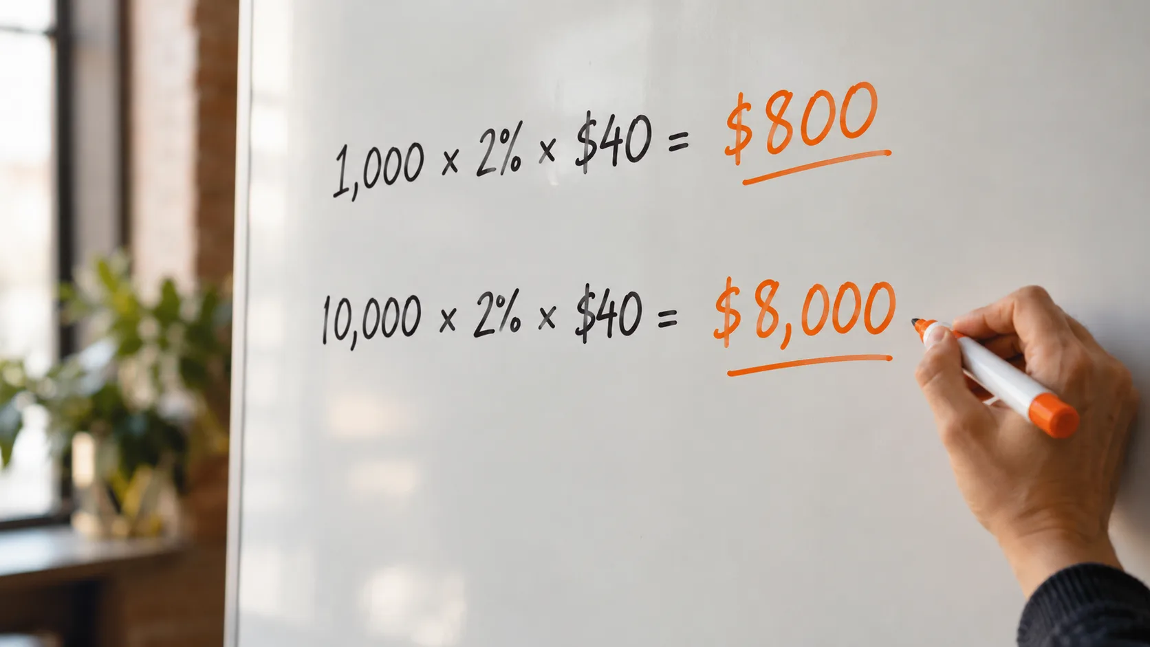 Whiteboard calculation showing affiliate revenue scales with traffic volume and quality