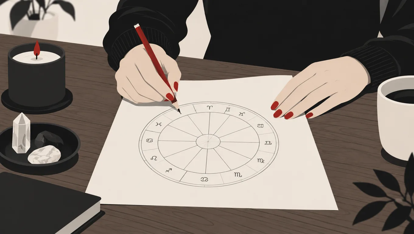 Hands sketching a birth chart wheel on paper, illustrating how to locate the 12th house