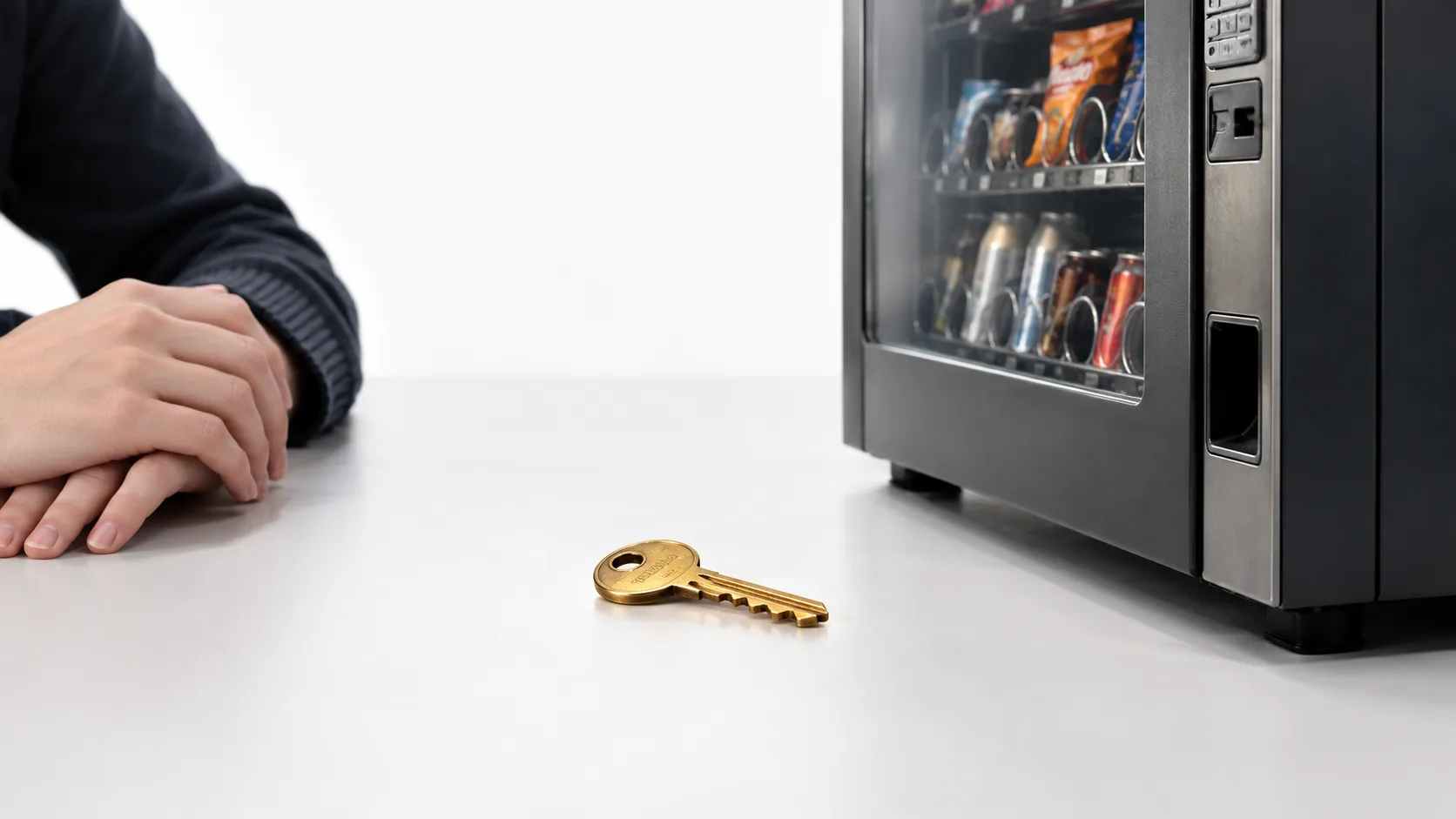 Desk scene contrasting a fixed vending machine with a human-supervised assistant