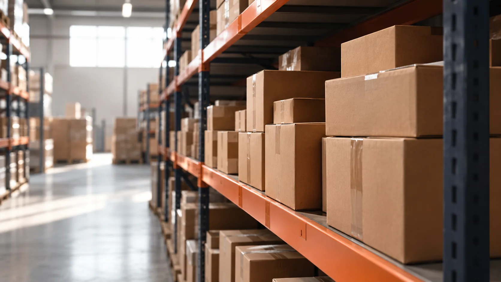 Warehouse filled with packaged products, representing high-volume low-margin e-commerce model behind Amazon's affiliate rates