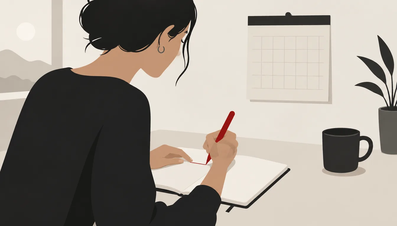 Person journaling a single career question next to a calendar