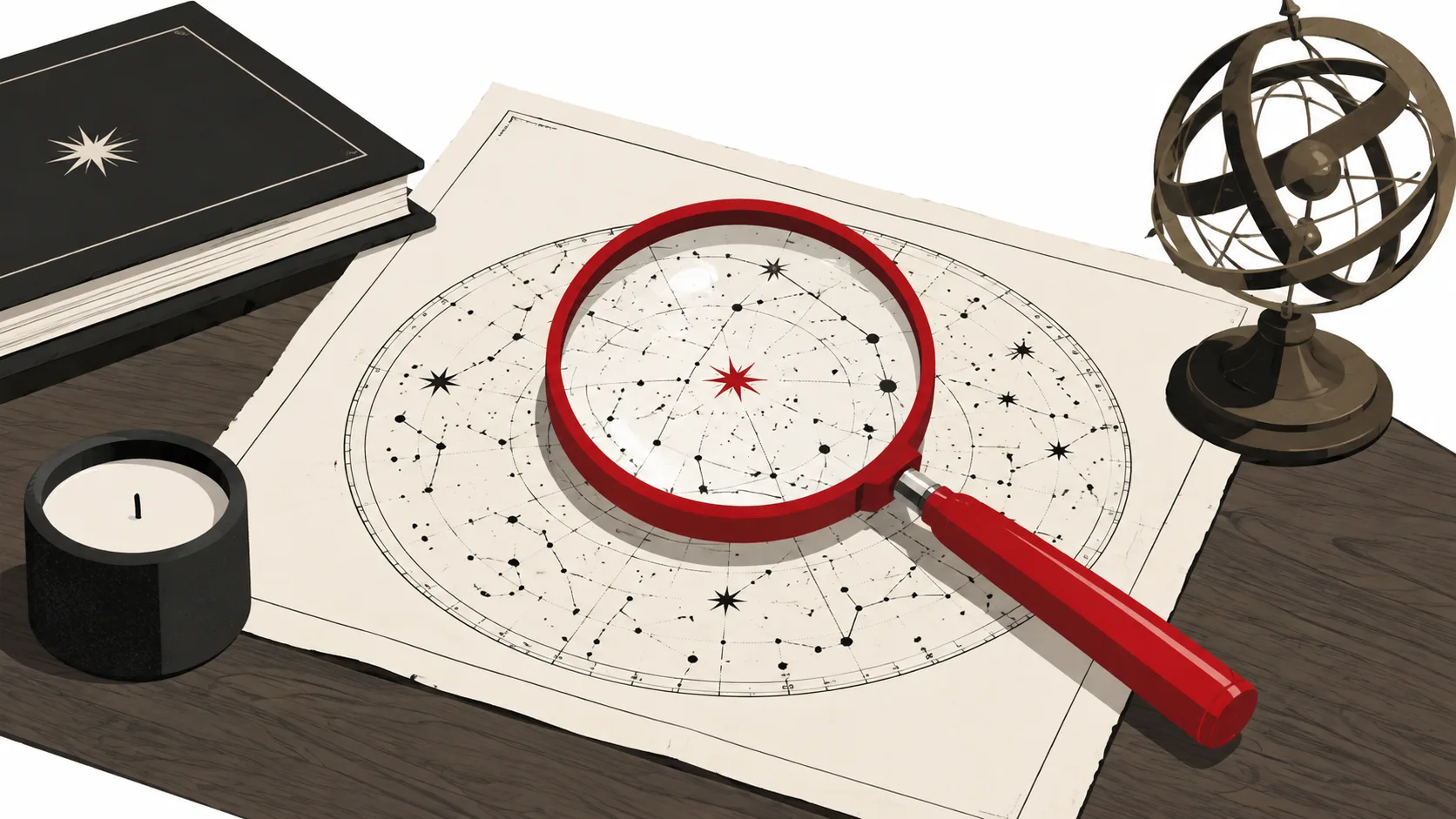 Magnifying glass examining a star chart, representing questioning career astrology claims