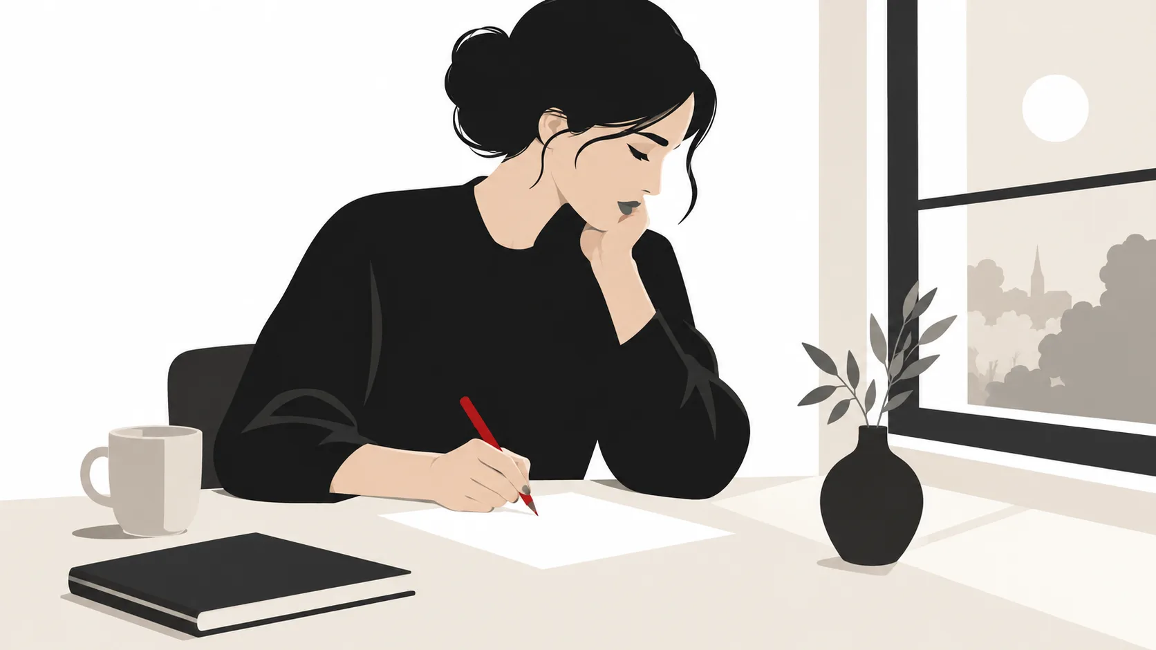 Person writing a personal career question by a window