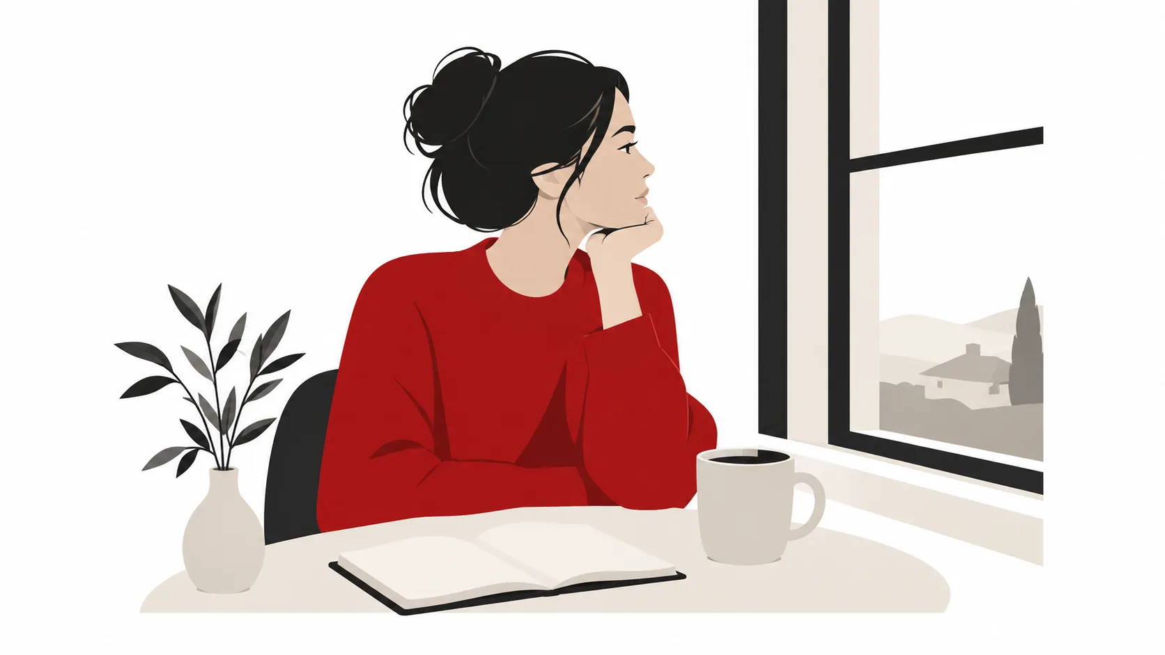 Ilustración de una persona de rojo junto a una ventana y un cuaderno abierto