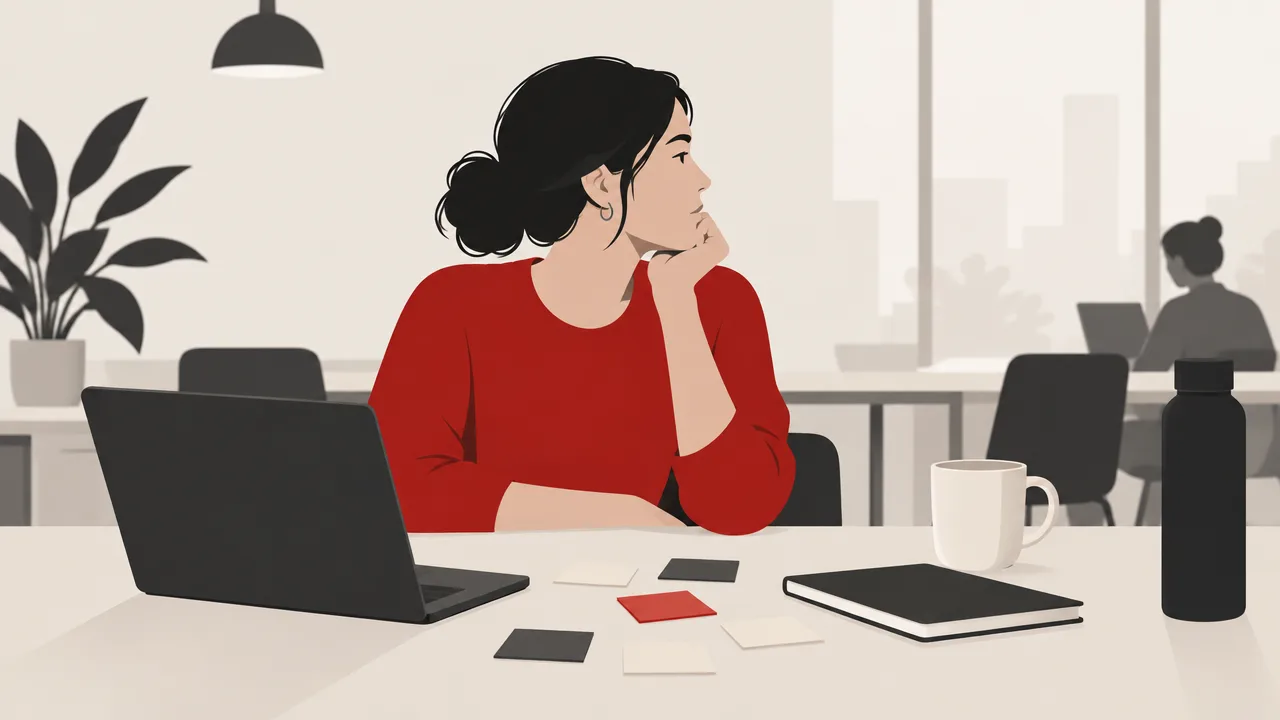 Ilustración de una persona en una mesa con portátil y tarjetas