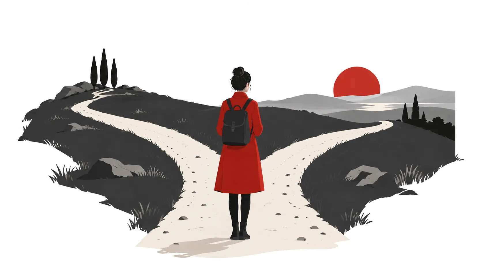 Ilustración de una persona con mochila en una bifurcación