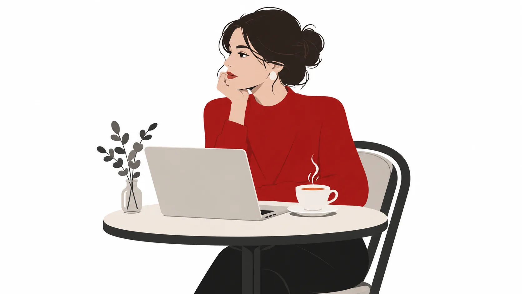 Worker pausing at a cafe table with laptop and tea while considering work satisfaction