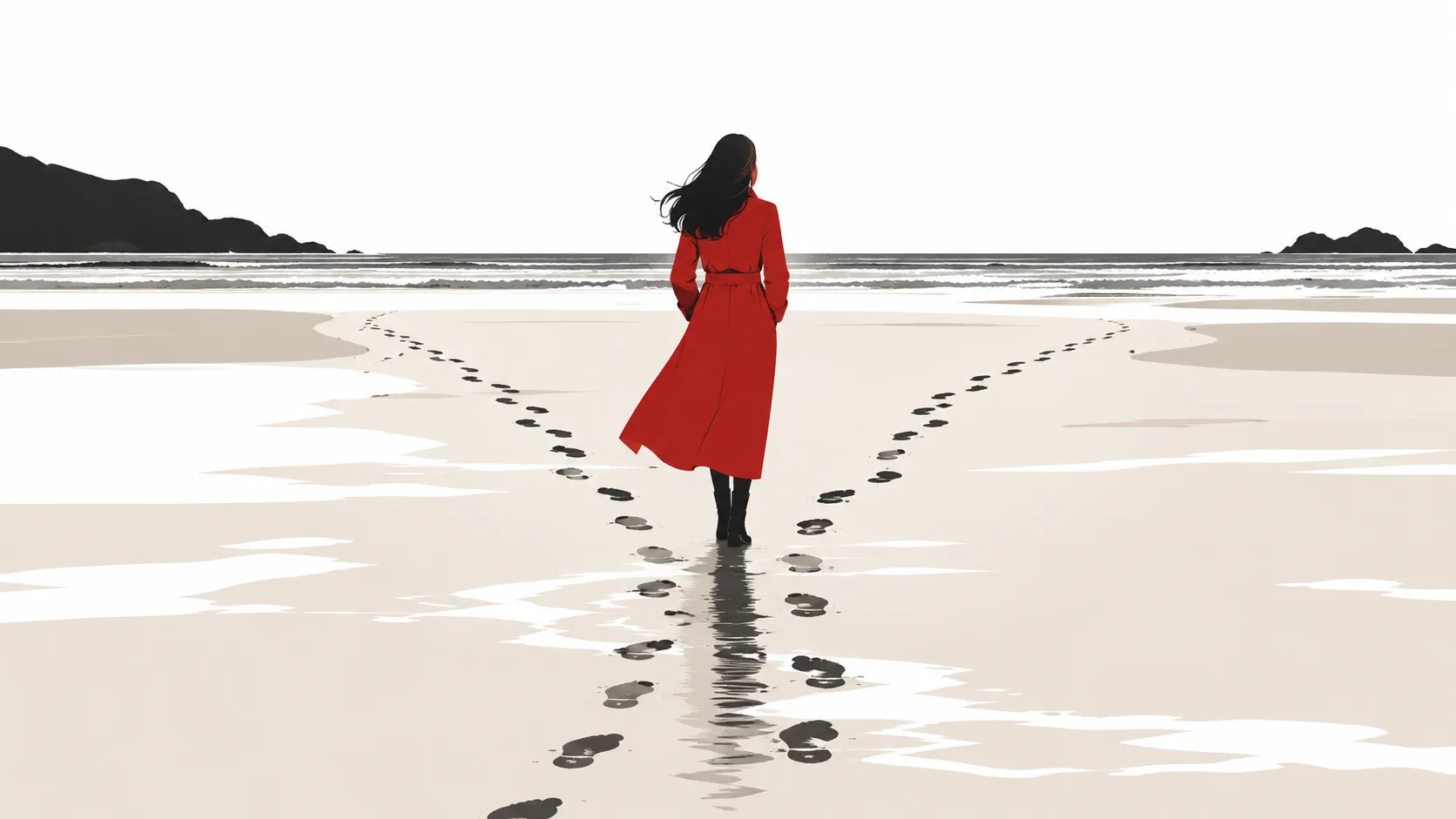 Footprints on wet sand at low tide suggesting choosing between two career paths