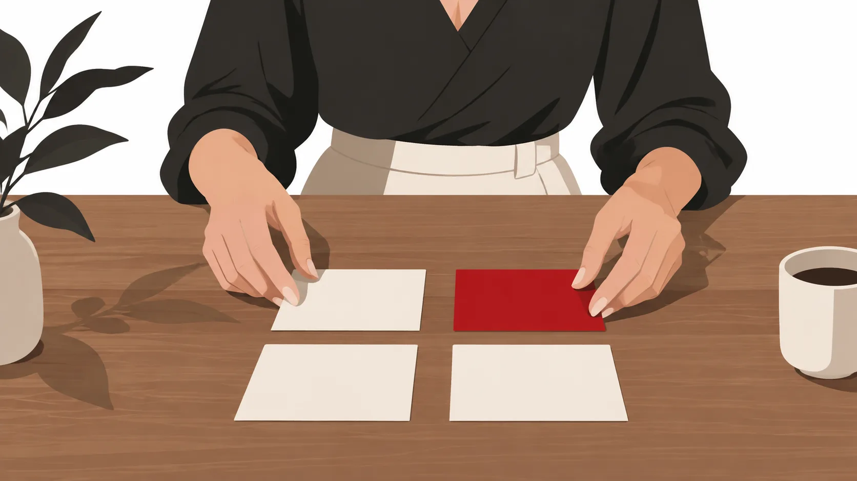 Hands arranging index cards on a wooden table while weighing career criteria