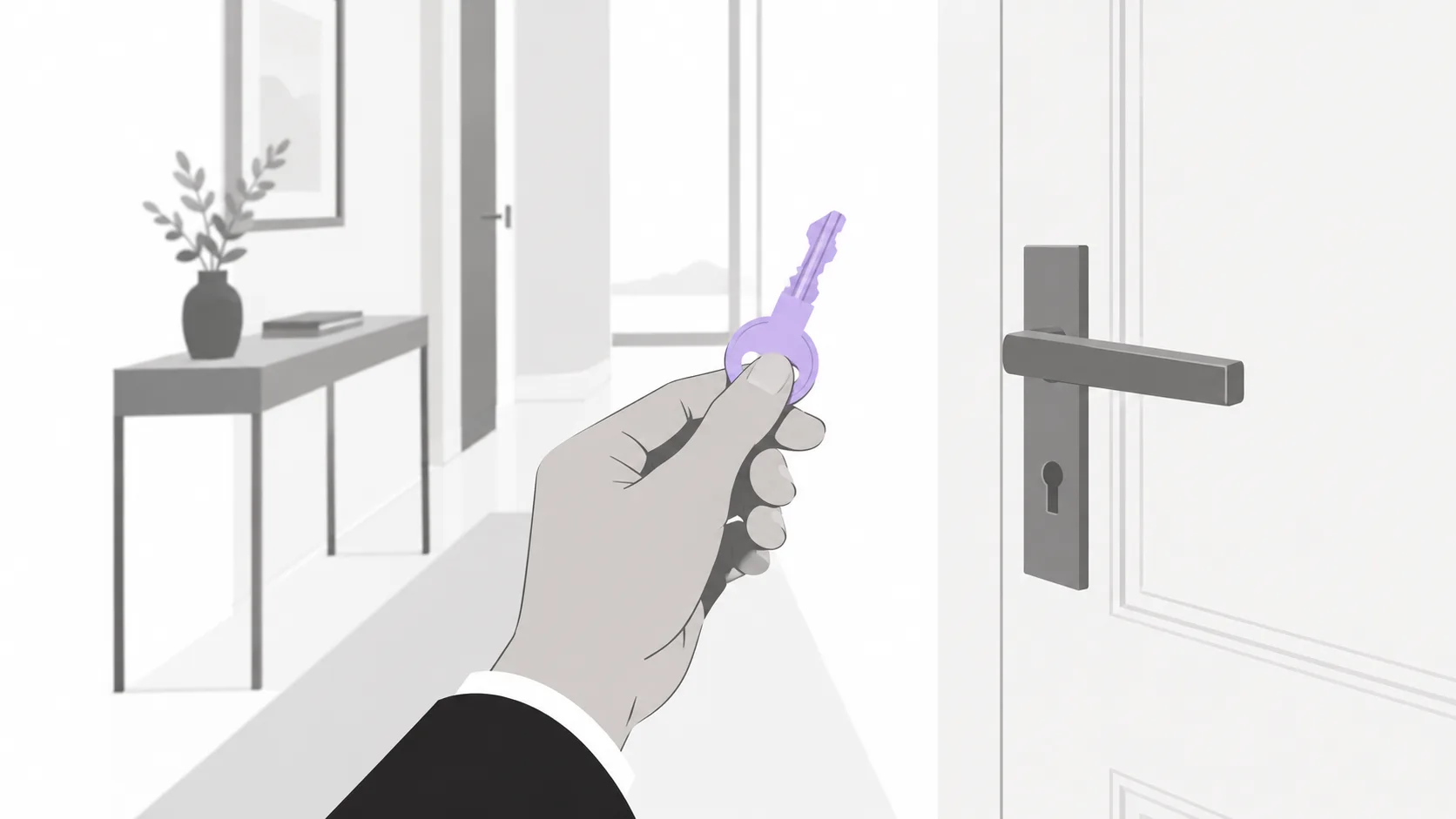 Brass key held in front of a doorway, representing choosing the exit first