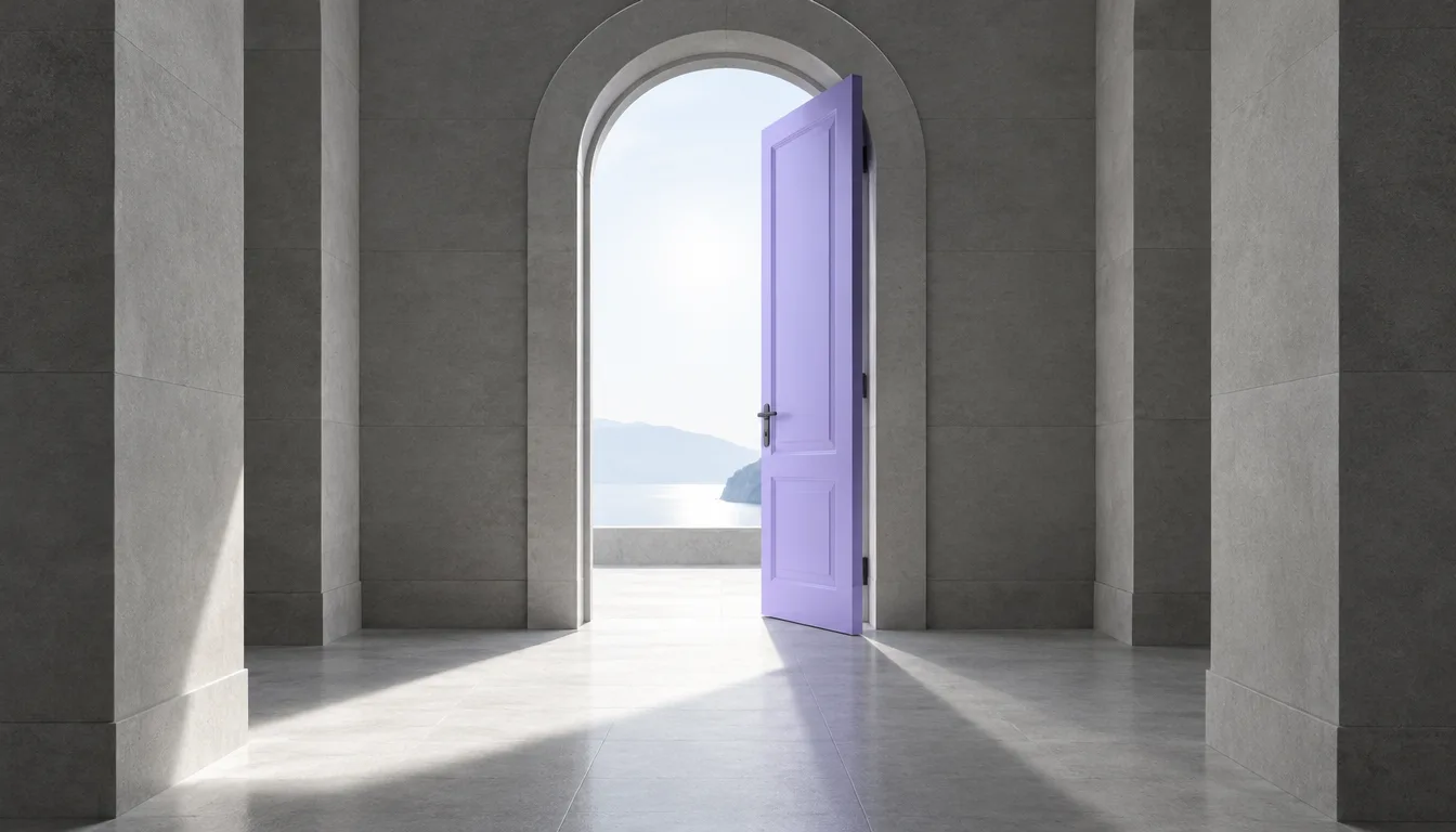 Open doorway with sunlight in a stone corridor, symbolizing the exit being the product