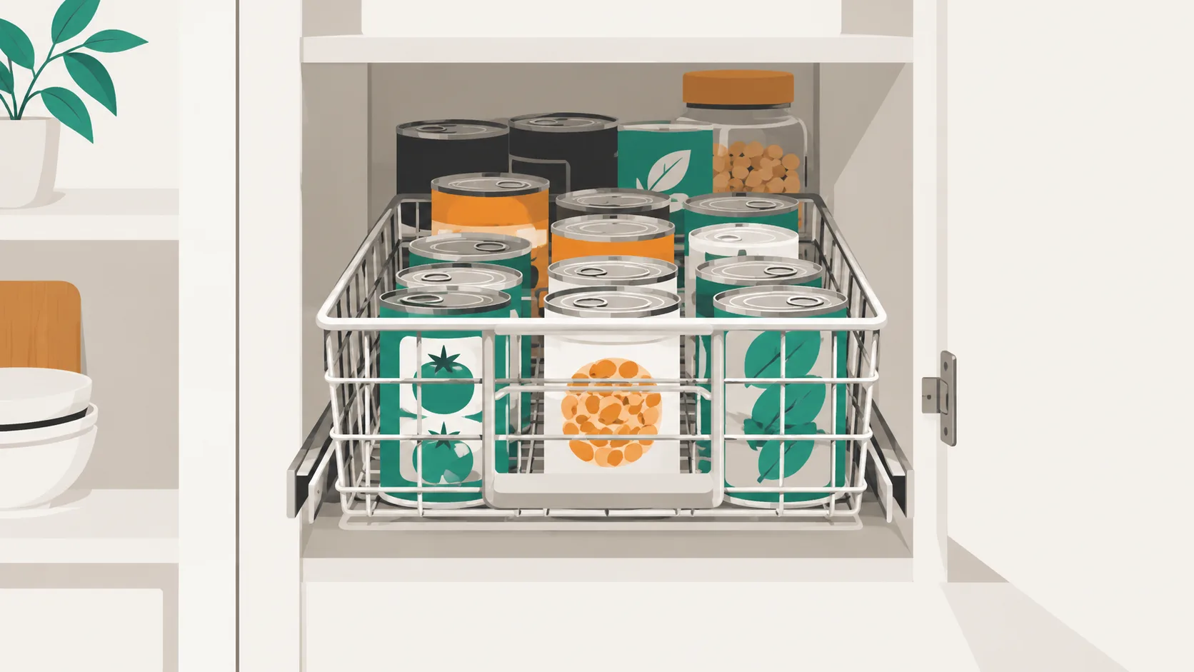 Pull-out basket extending from a deep cabinet drawer, demonstrating IKEA storage for accessing items at the back of pantries