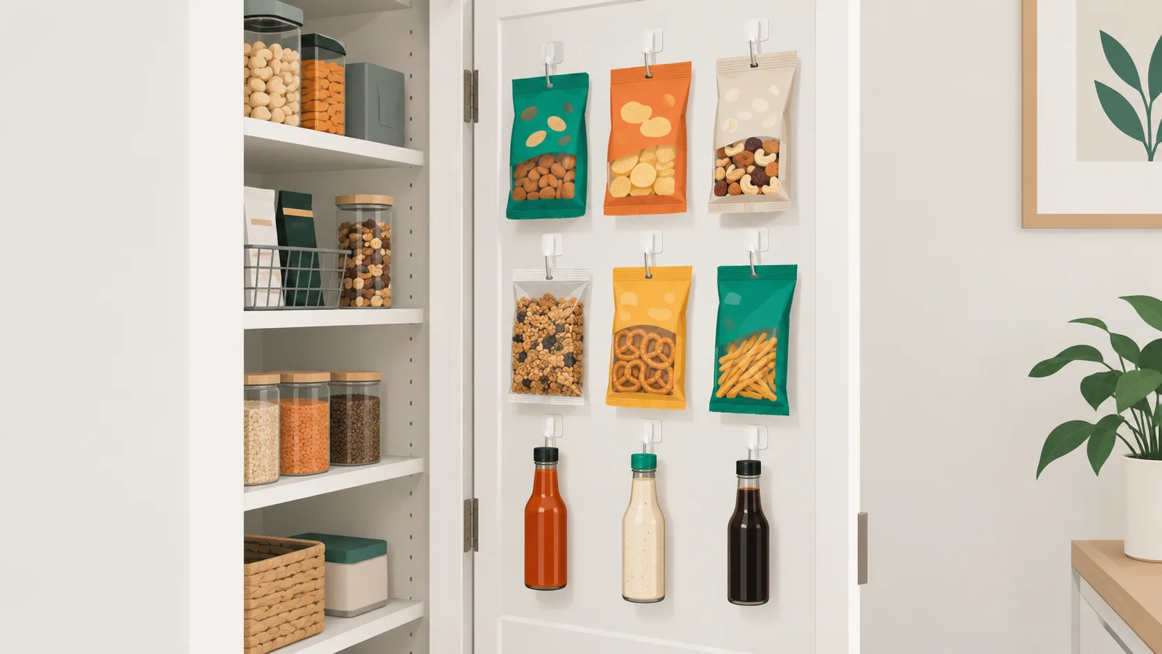 Interior of a cupboard door with hooks holding snacks and condiments, showing IKEA pantry door organization for small spaces