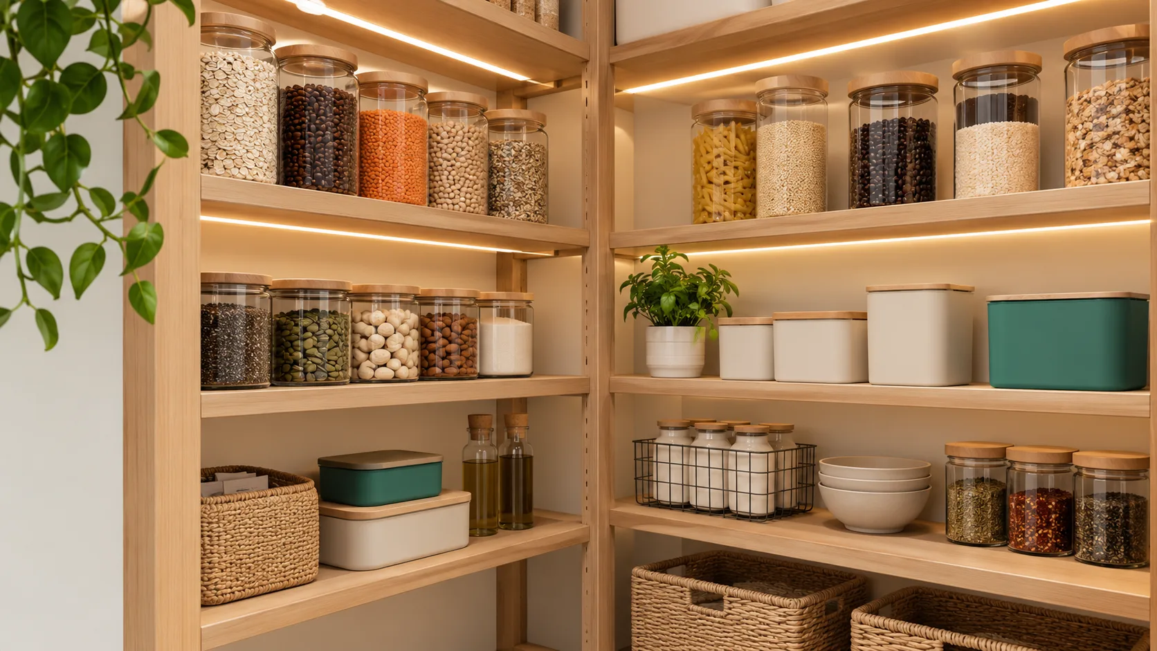 Walk-in pantry corner with modular shelving and warm LED lighting illuminating organized food storage containers