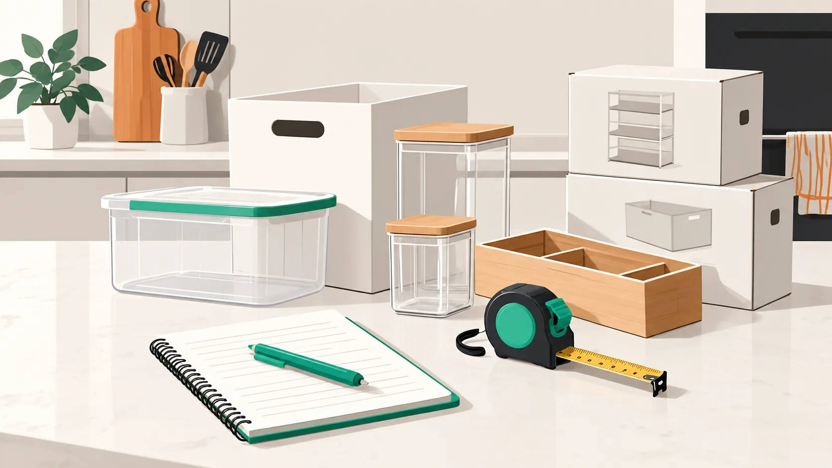 Kitchen planning workspace with notepad and IKEA storage products, showing the preparation step before organizing a pantry