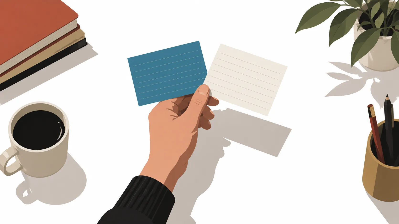 Writer weighing index cards while judging outline formats