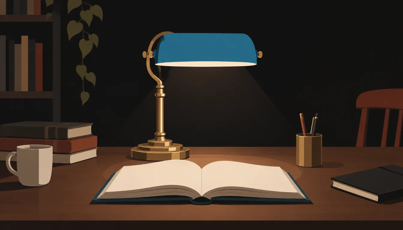 Reading lamp over a manuscript answering novel outline questions
