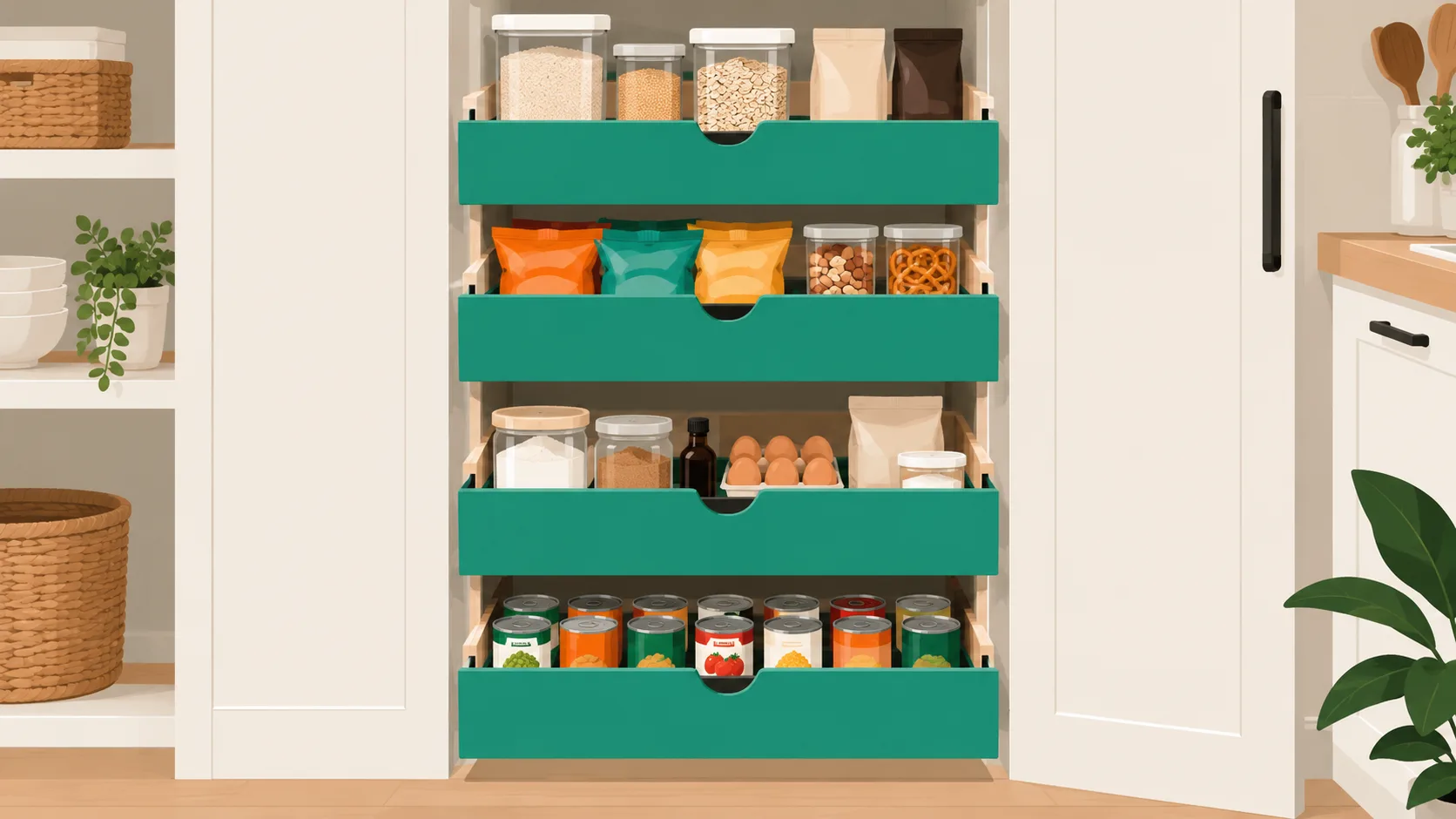 Organized pantry with four stacked pull-out drawers, each containing a different food category clearly labeled and visible.