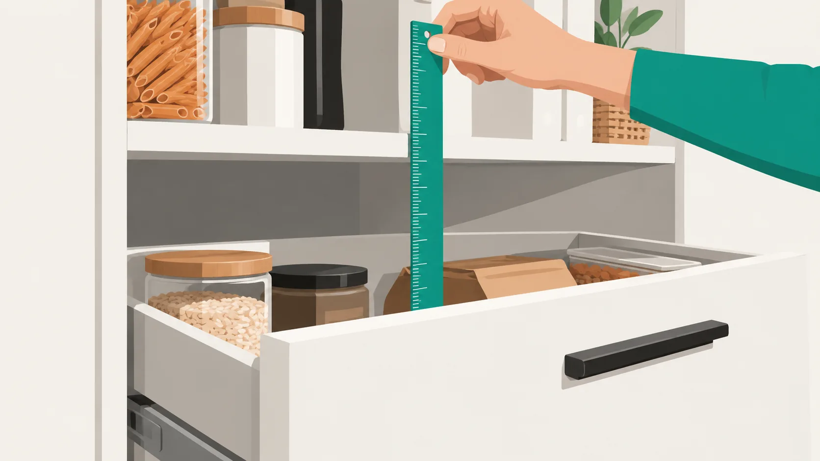 Measuring tape against a pantry shelf to determine proper drawer depth fit and clearance.