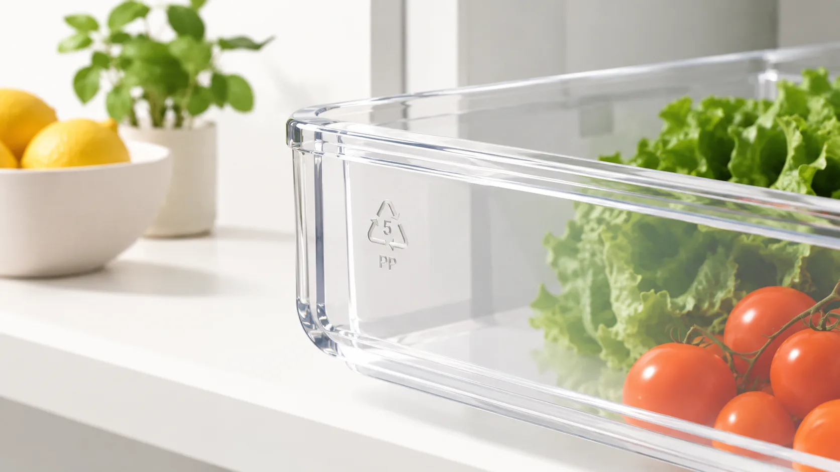 Detail view of food-grade plastic pantry drawer showing certification marking and transparent material quality.