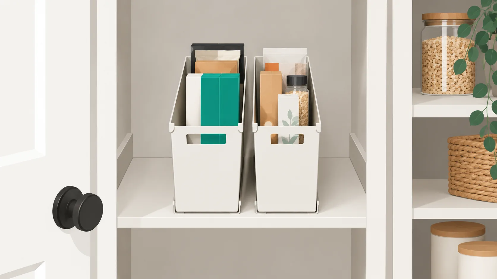 Two narrow pull-out drawer bins arranged on a shallow pantry shelf to maximize storage without overhang.