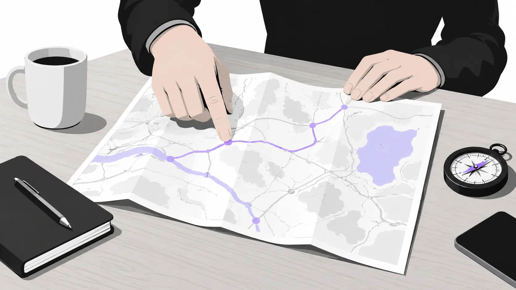 Fingers tracing a route on a paper map to choose a settlement path