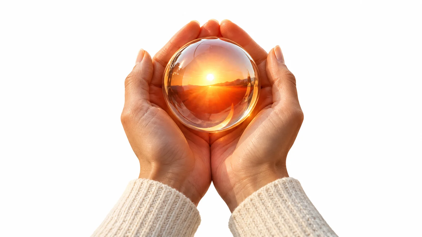 Hands hold a glass sphere showing a sunset.