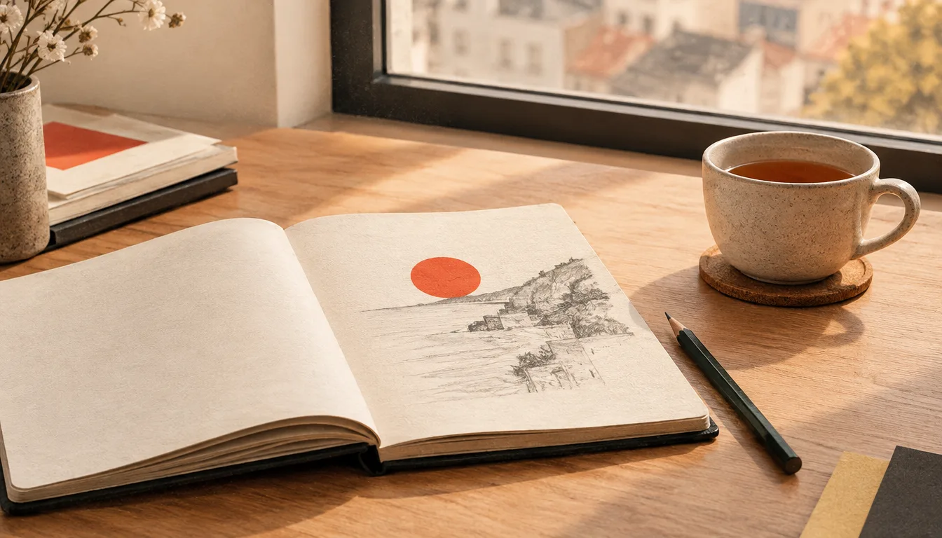 An open sketchbook, pencil and cup of tea sit on a wooden desk.