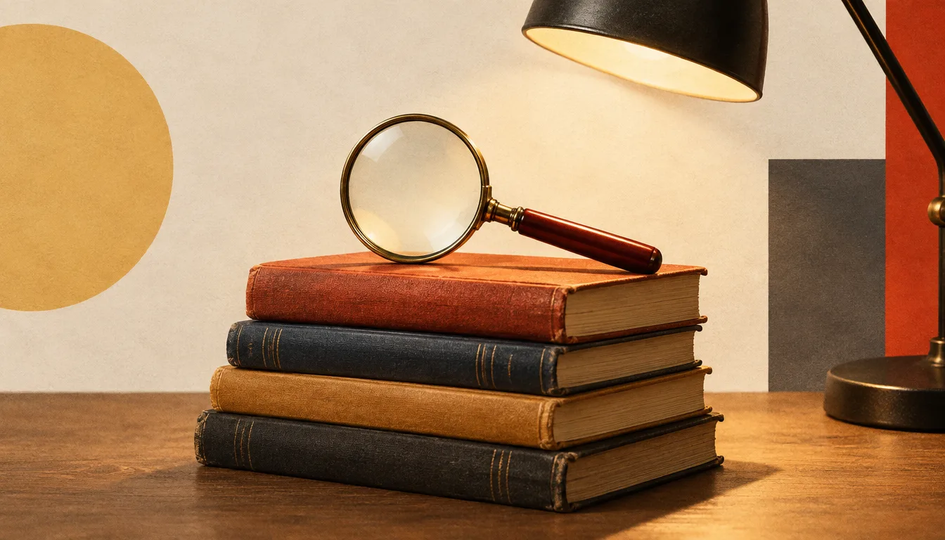 A magnifying glass rests on a stack of books under a lamp.