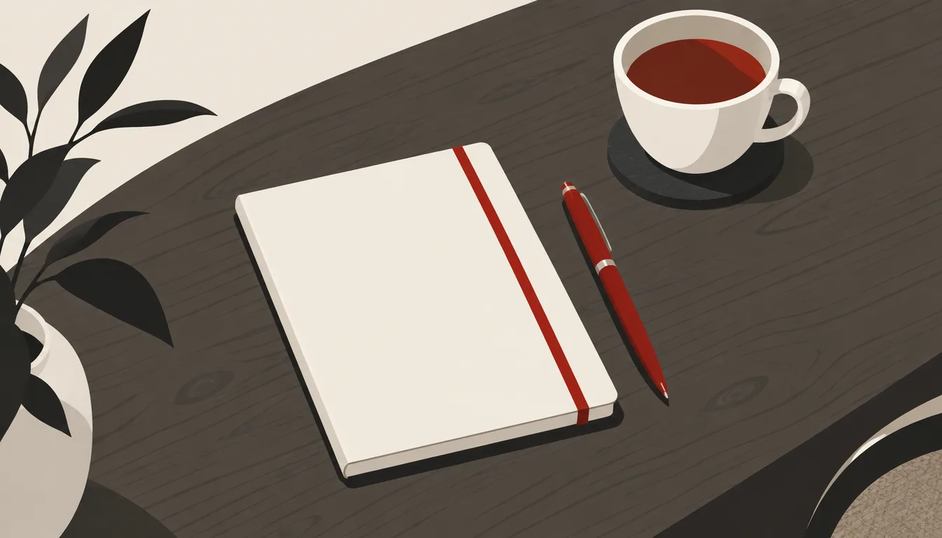 A notebook, pen and tea set out for a focused planning session