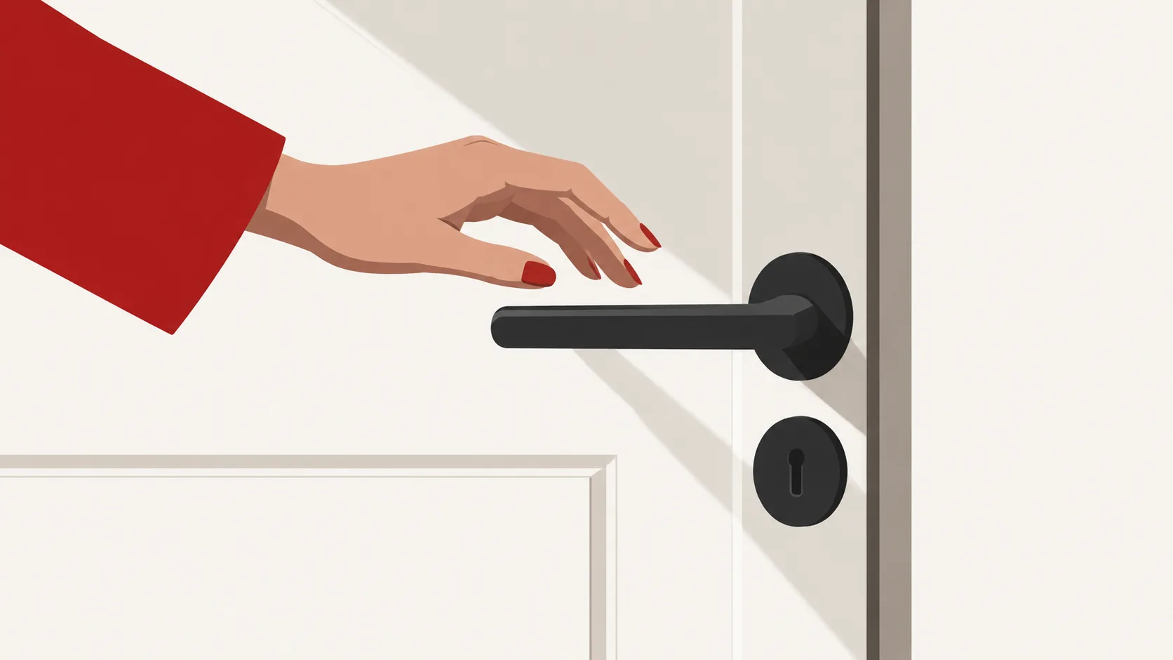 A hand pausing at a door, suggesting irreversible decisions to hold off on
